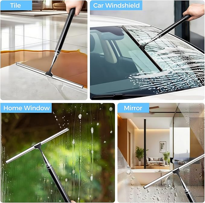59.5" Long Handle Window Squeegee with Extension Pole, 12.4" Wide Metal Shower Squeegee for Glass Doors, Floor Squeegee for Home Window Cleaning, Tile Wall, Car
