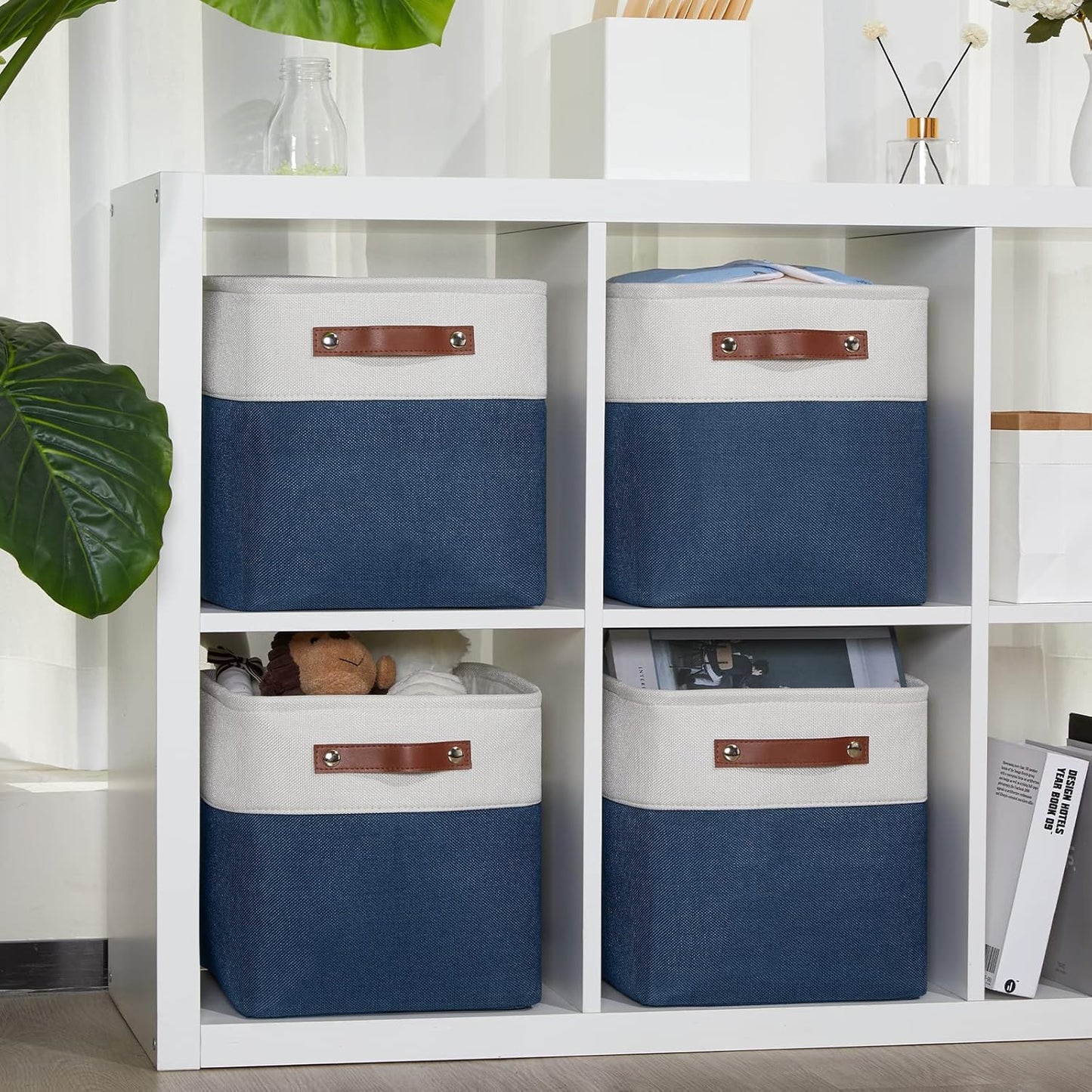 DULLEMELO [Set of 4 Storage Cubes Baskets for Organizing, 11 x 11 x 11 inch Cube Storage Organizer Bins with Leather Handles, Foldable Fabric Cloth Bins for Cube Storage(4 Pack - 11" White&Blue)