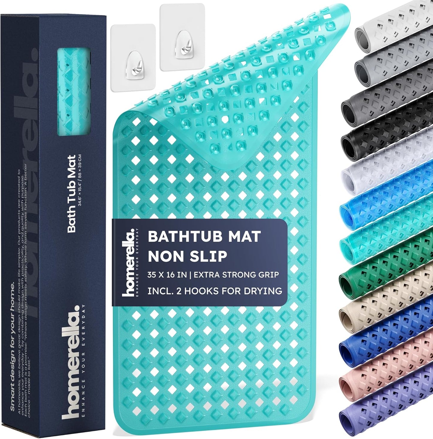 homerella® Bathtub Mat Non Slip 35x16, Incl. Hooks for Drying, Extra Long, 100% BPA Free, Shower Mat Non Slip Anti Mold, Machine Washable, Shower Mats for Inside Shower Mildew Resistant