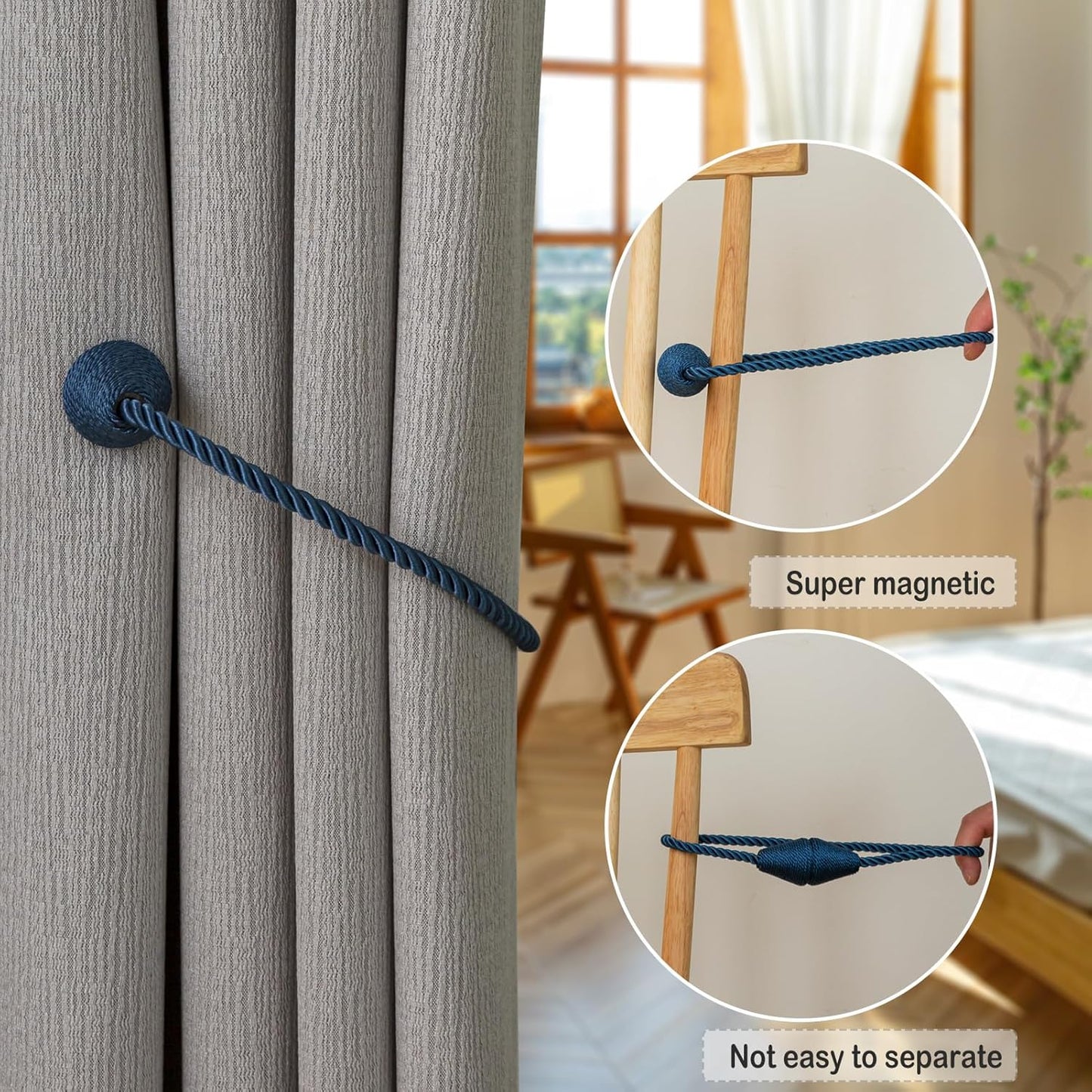 Magnetic Curtain Tiebacks 2 Pack Outdoor Rope Curtain Tie Backs Decorative Window Treatment Holdbacks for Home Decorative Curtain, Blue