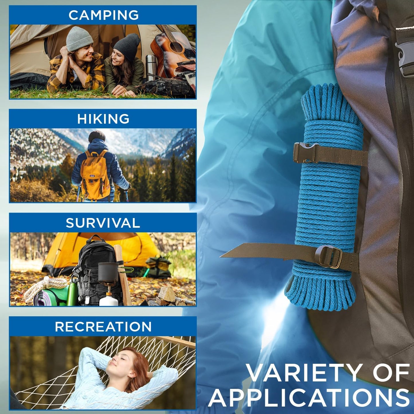 TECEUM Cotton Rope 3/16” (5 mm) – 50 FT – Strong All-Purpose Braided Rope – Natural Cotton – for Crafting, Сamping, Clothes Line, DIY, Indoor & Outdoor Use – Sky Blue