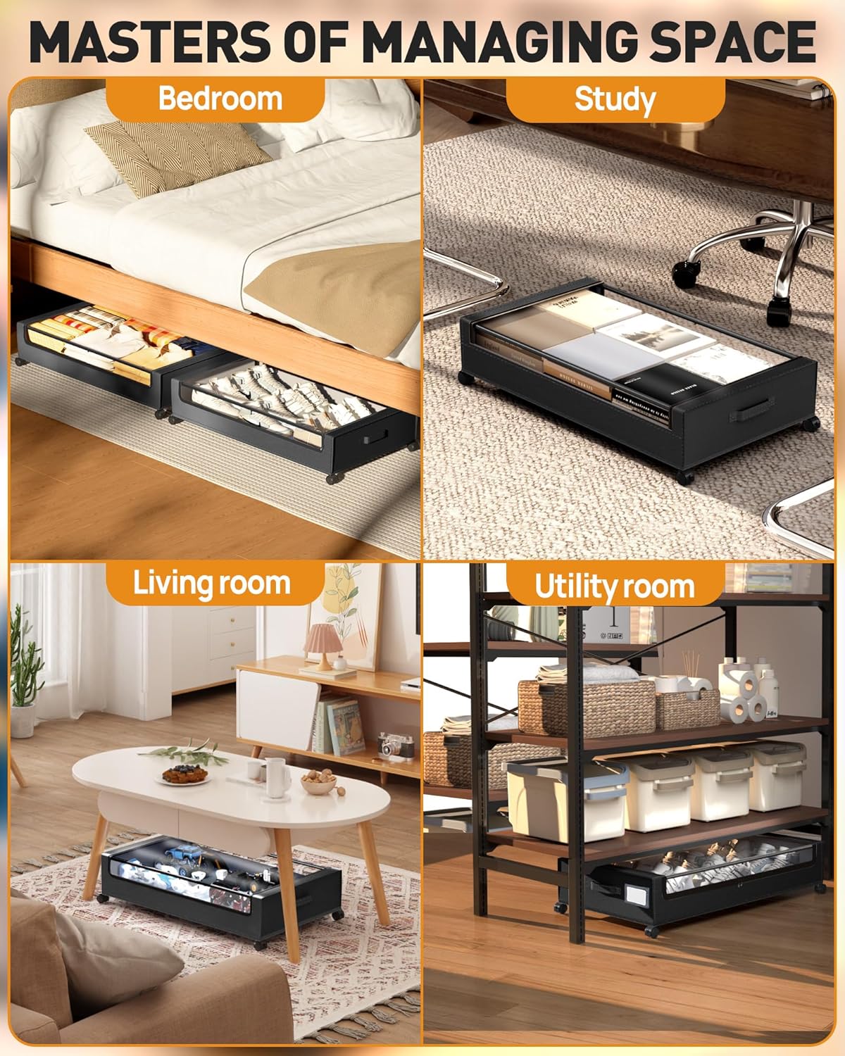 Under Bed Storage with Wheels, Square Under Bed Storage Containers, 4 Pack Under The Bed Storage Bins, 60L Under Organizer with Clear Lids, Rolling Underbed Storage For Clothes, Shoes...