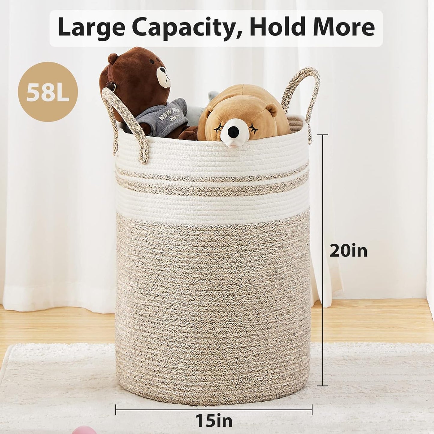 Large Laundry Hamper, Tall Woven Storage Basket for Blankets, Cotton Baby Nursery Hamper, Toys and Dirty Clothes in Bedroom and Living Room Organizing - 58L Brown & White