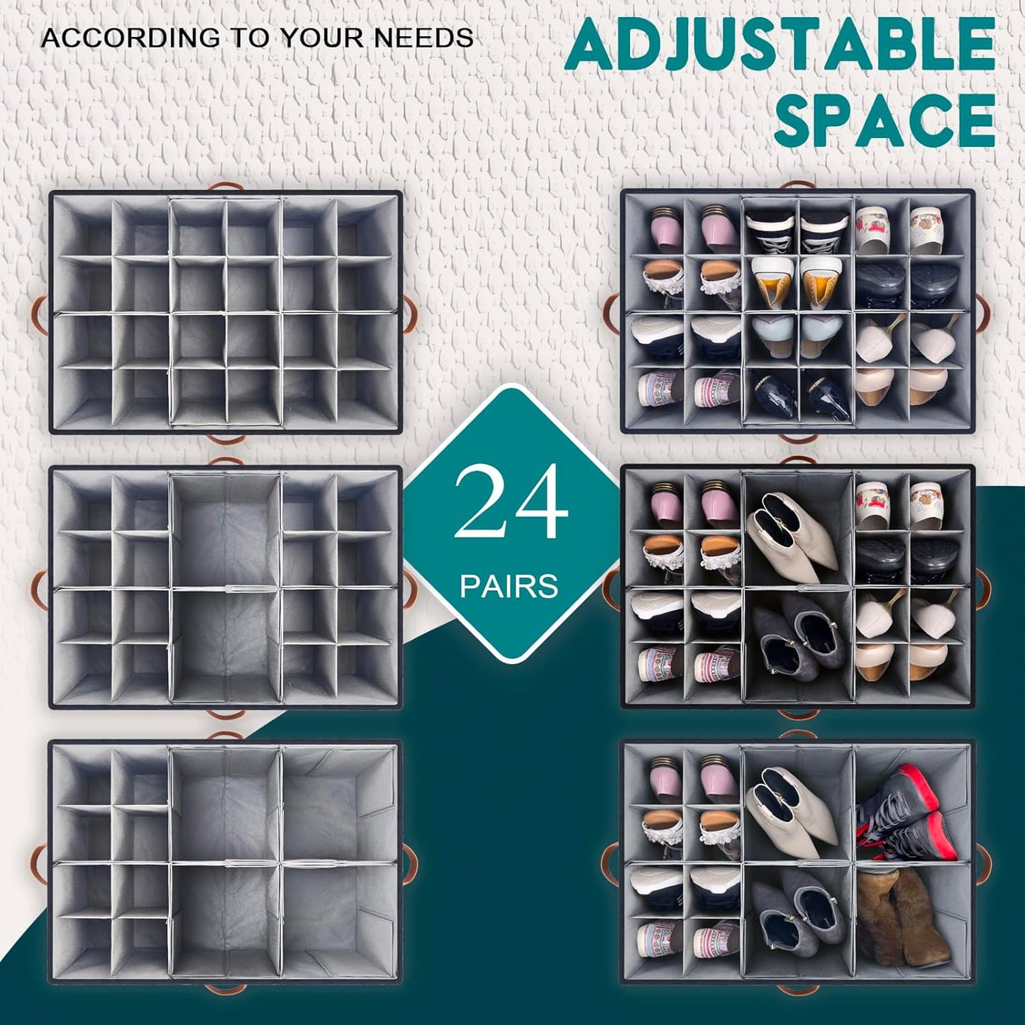 Shoe Organizer for Closet, Foldable Shoe Storage Bins with Clear Cover, Space Saving Shoes Holder with 4 Handles, Large Adjustable Shoe Box Storage Containers, Fits 12-24 Pairs, 1 Pack, Black