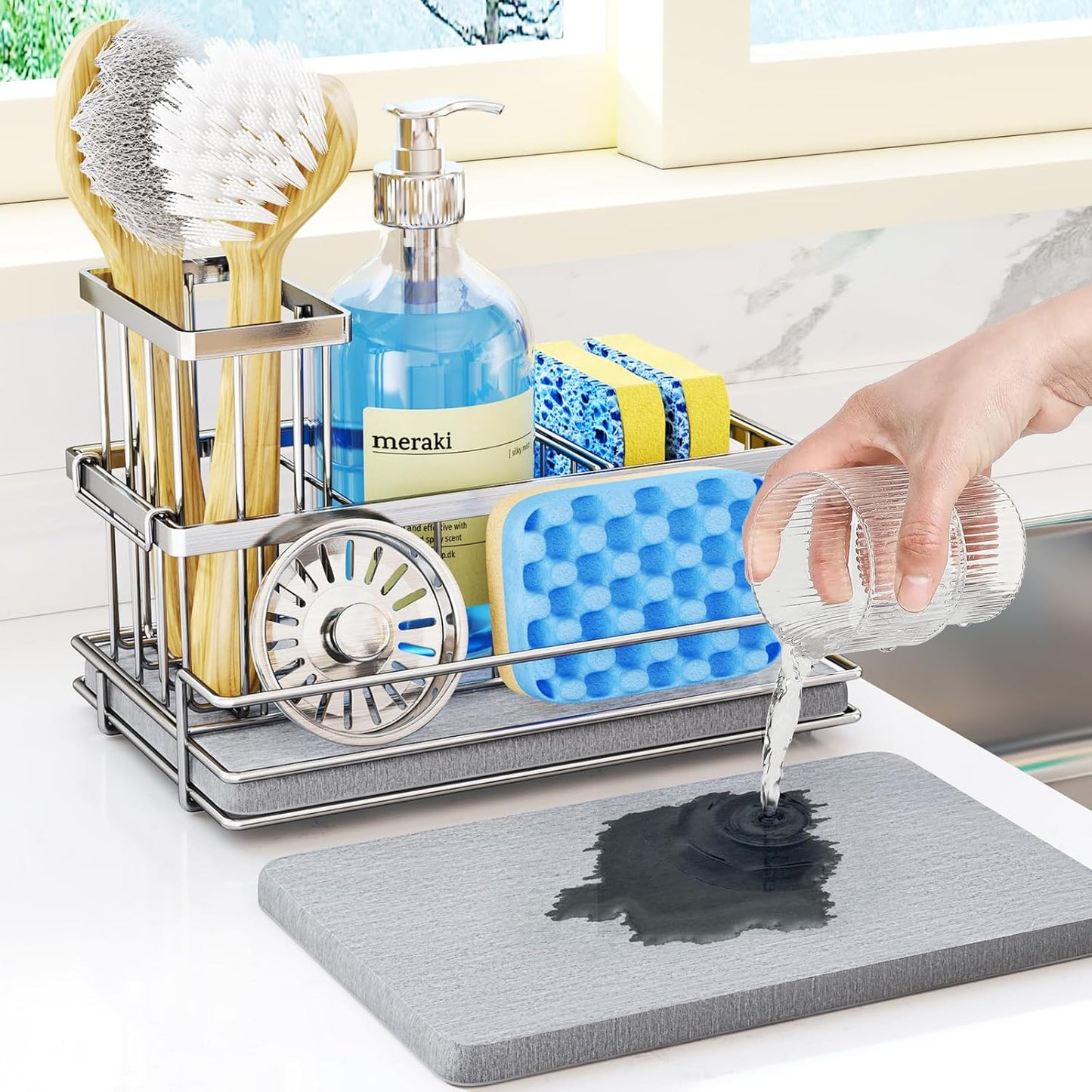 HapiRm Sink Caddy Sponge Holder - Kitchen Sink Organizer with Instant Drying Stone and Brush Holder, Stainless Steel Sponge Caddy for Kitchen Countertop - Silver