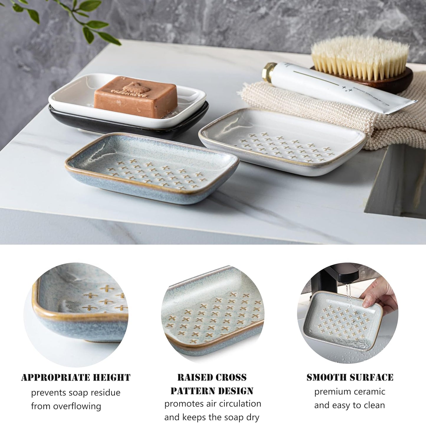 Gomakren Soap Dish, Shower Soap Holder, Ceramic Soap Dishes for Bar Soap Sponge Shampoo, Soap Saver Tray for Bathroom Kitchen Sink Counter, 5.5 Inch, Gray