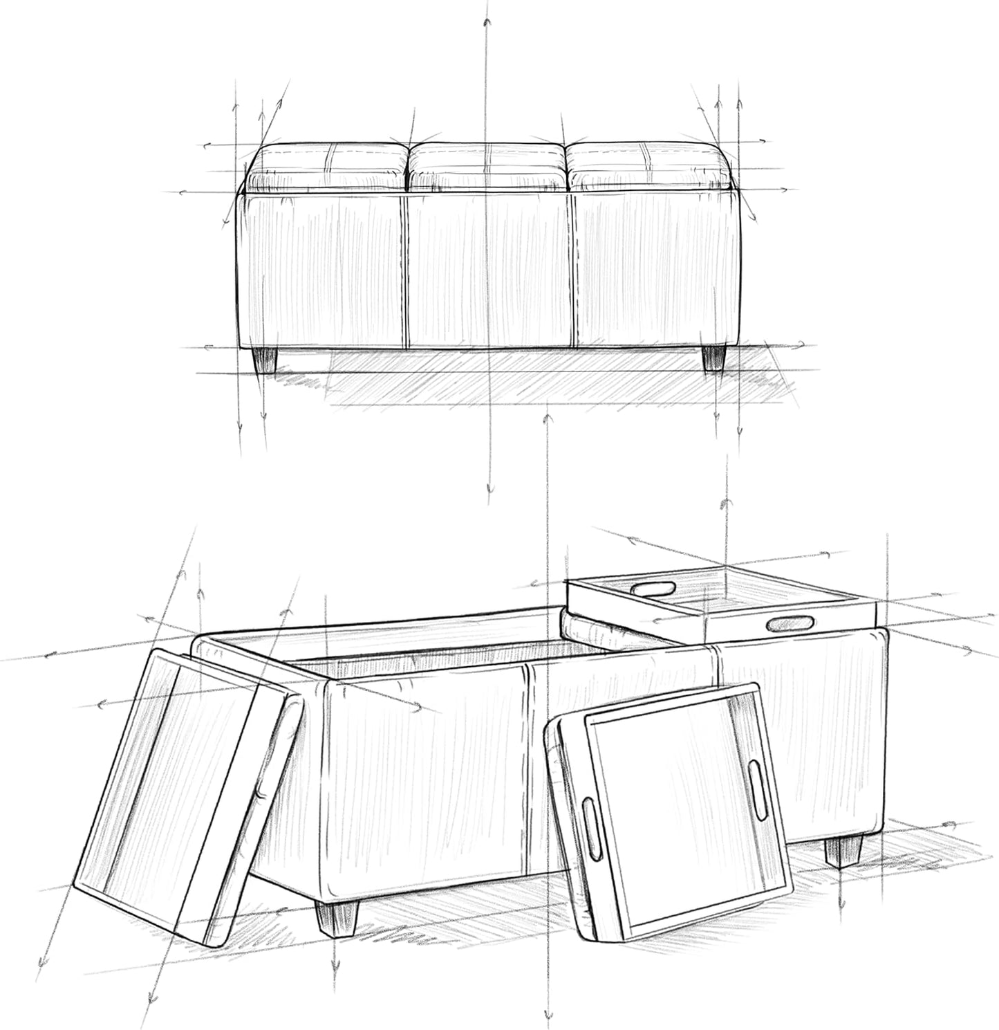 SIMPLIHOME Avalon 42 Inch Wide Contemporary Rectangle Storage Ottoman in Slate Grey Linen Look Fabric, Assembled, For the Living Room, Entryway and Family Room