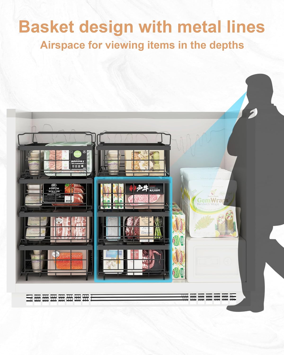 UMDONX 4 Pack Expandable Freezer Organizer Bins Large Freezer organizer Bins Stackable 11.4" Expand to 17.9", Fit 10 to 20 Cu.FT Black