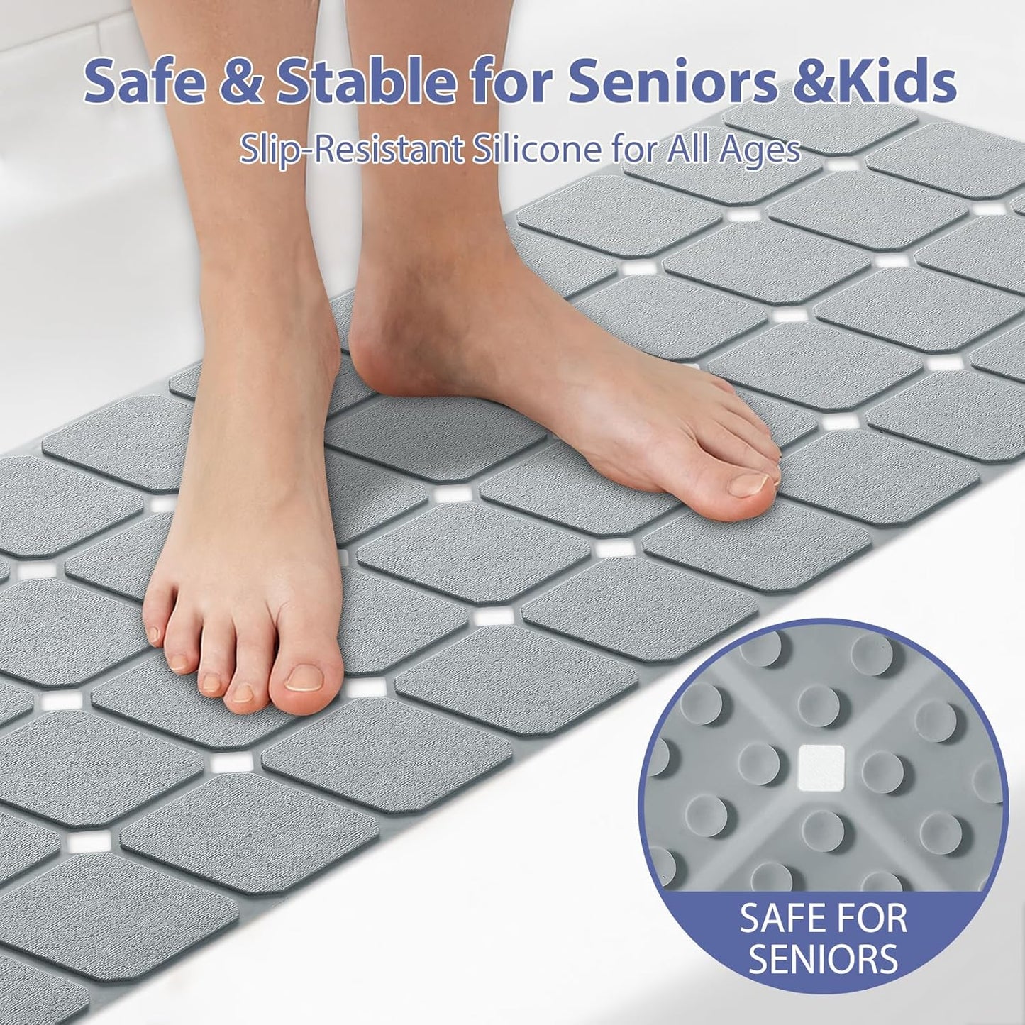 Bathtub Mat Non Slip Silicone Foldable Extra Long Tub Mat Strong Suction Cups & Large Drain Holes, Durable,Machine Washable for Smooth Surfaces Shower Mat, Ideal for Families Beige,15"x40" Grey