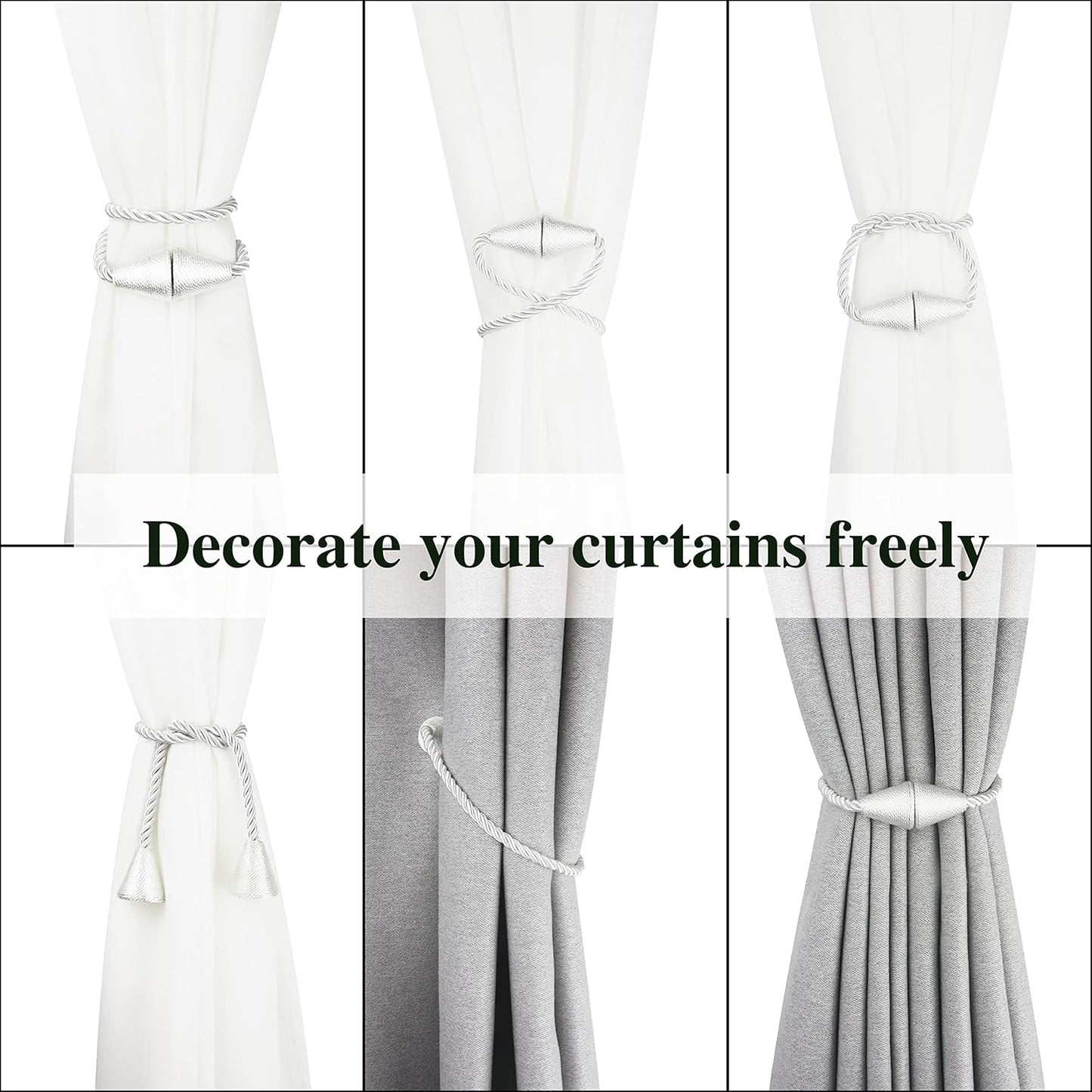 4 Pack Magnetic Curtain Tiebacks Rope Modern Handmade Curtain Tie Backs Decorative Drapes Weave Holdbacks for Window Décor, Silver