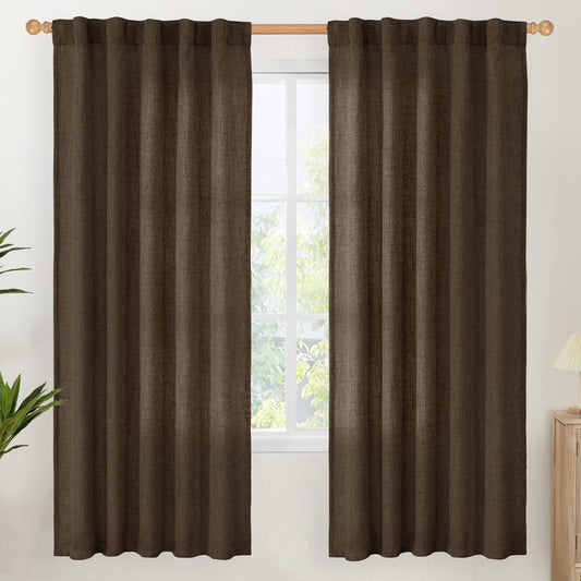 YoungsTex Brown Linen Curtains for Living Room 72 Inches Long, Semi Sheer Window Drapes with Back Tab Rod Pocket Light Filtering Lightweight for Bedroom Office Farmhouse, 2 Panel, 42 X 72 Inch