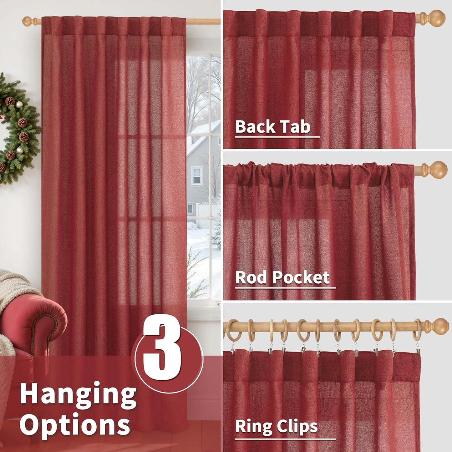 YoungsTex Red Linen Curtains 48 Inch Length for Kitchen, Short Semi Sheer Window Drapes with Rod Pocket Back Tab Light Filtering for Christmas Living Room Bedroom Bathroom, 2 Panels, 42 X 48 Inch