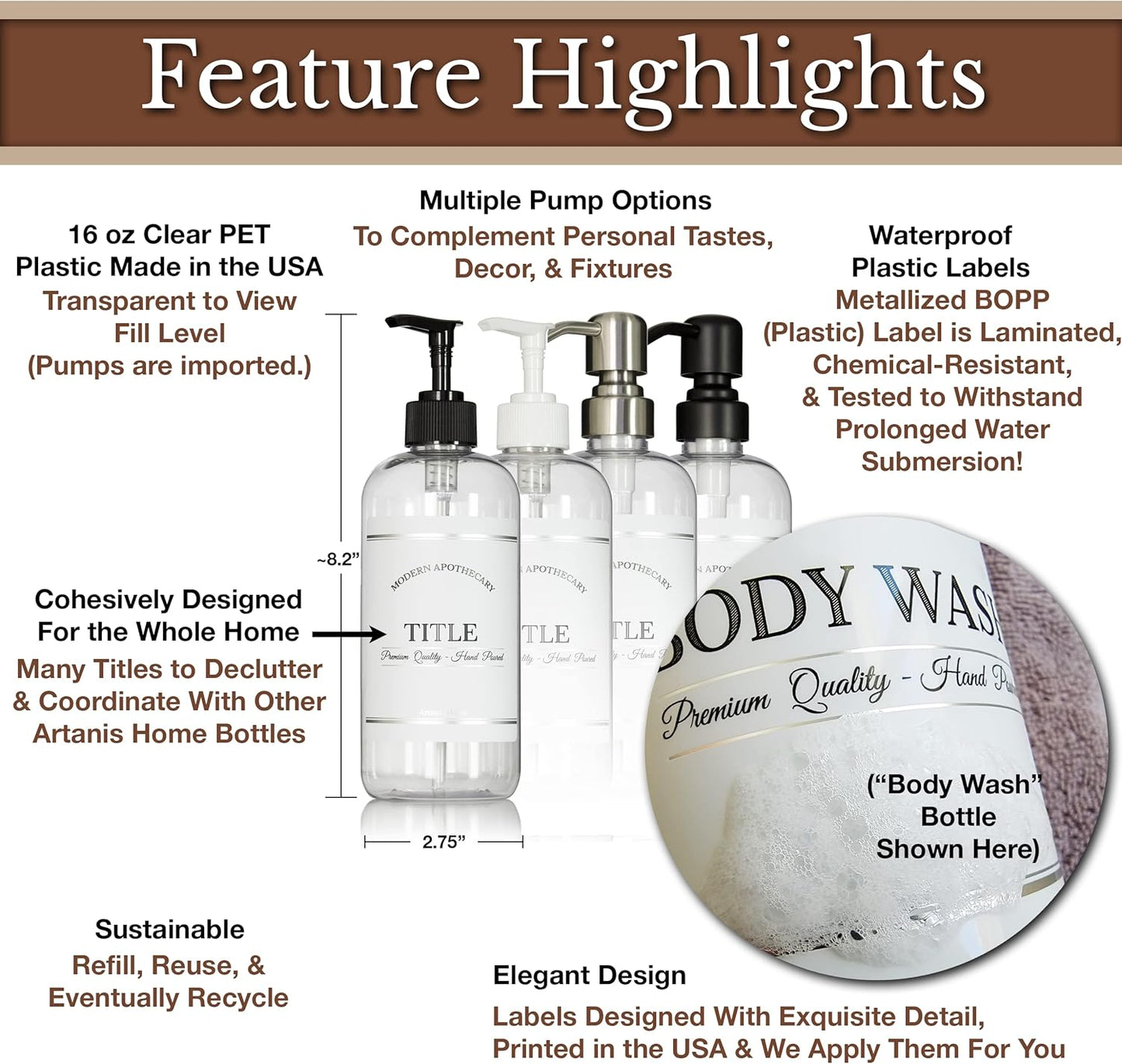 Clear Refillable Shampoo and Conditioner Bottles - Body Wash, Shampoo and Conditioner Dispenser - PET Plastic Shampoo Bottles Refillable with Pump - Waterproof Labels - 16 oz, 3 Pack (Black Satin)