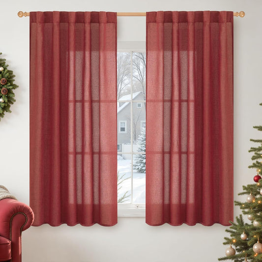 YoungsTex Red Linen Curtains 48 Inch Length for Kitchen, Short Semi Sheer Window Drapes with Rod Pocket Back Tab Light Filtering for Christmas Living Room Bedroom Bathroom, 2 Panels, 42 X 48 Inch