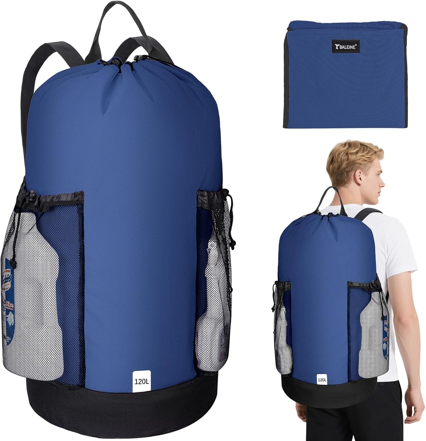 BALEINE 120L Laundry Bag Backpack, 900D Oxford Fabric Large Travel Laundry Bags with Shoulder Straps and 2 Mesh Pockets for College Dorm, Apartment, Laundromat (Navy, 120L)