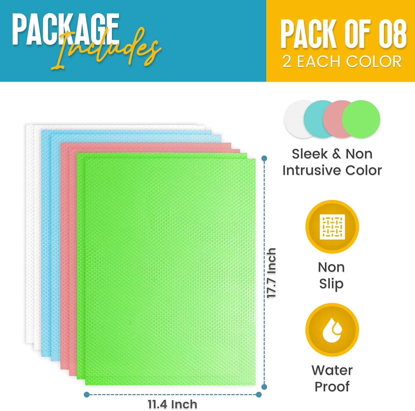 Refrigerator Liners for Shelves (8 Pack) by Linda’s Essentials - Non-Adhesive Shelf or Drawer Liner, BPA-Free Fridge Mats for Kitchen & Cabinets, Easy to Clean, Ideal Household Essentials(Multi Color)