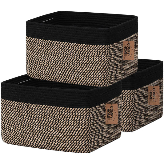 COMFY-HOMI 3PACK Cotton Rope Square Basket with Handles for Shelves|Dog Toy Bin and Storage|Baby Gift|Shoe Organizer|New 13.5" x 11" x 9.5" for Living Room (Black/Jute)