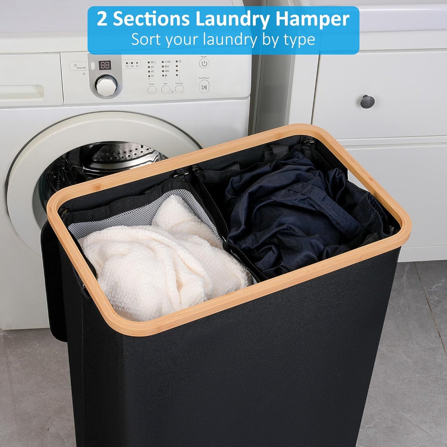 efluky Double Laundry Hamper with Lid, Divided Laundry Hamper with Removable Bags, 2 Section Dirty Clothes Basket with Handles for Bathroom, Bedroom & Laundry Room, 160L Black