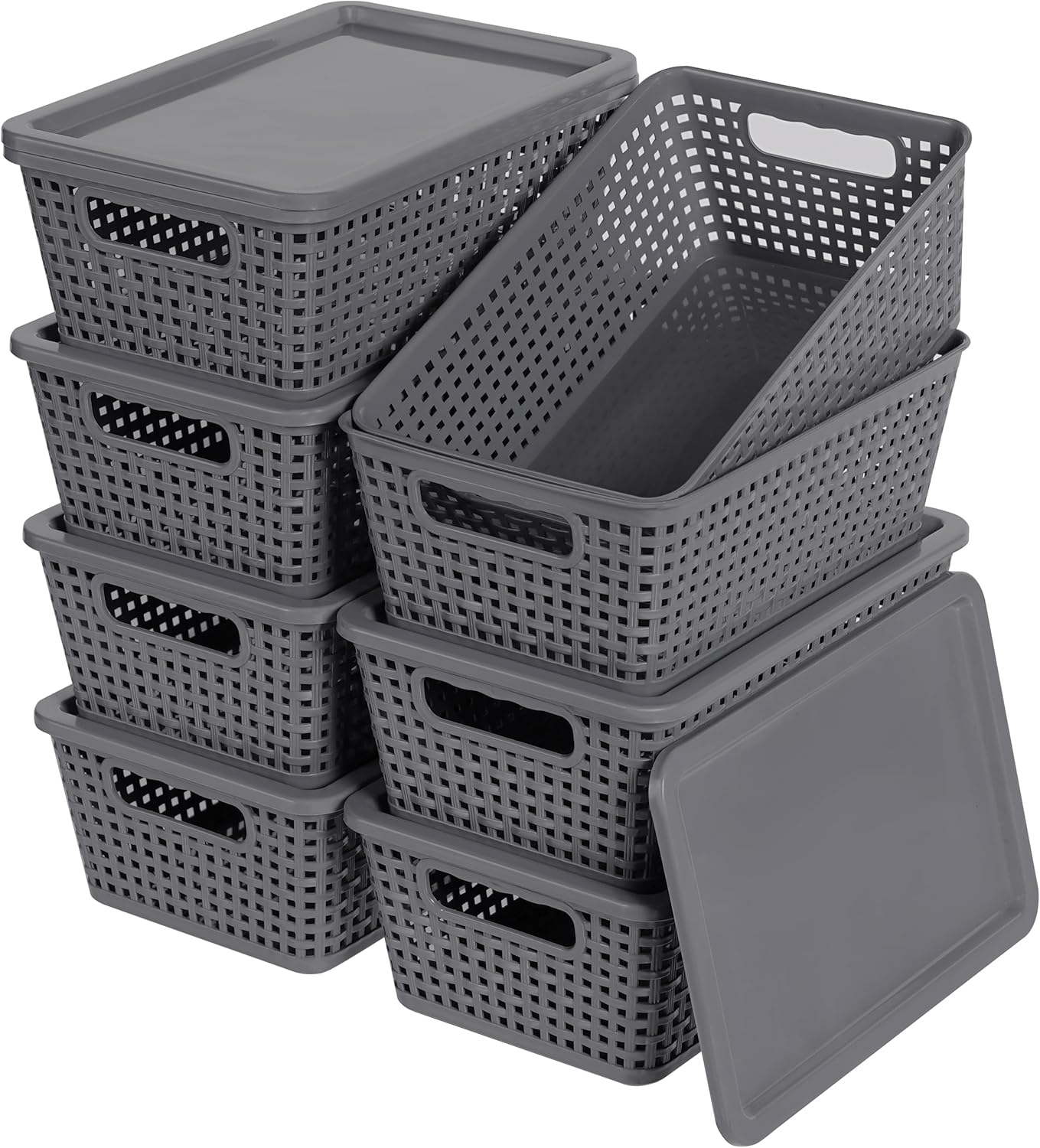 Plastic Storage Baskets With Lid, Storage Bins for Organizing, Stackable Decorative Containers for Shelves Drawers Desktop Closet Playroom Classroom Office, 8 Pack-Grey