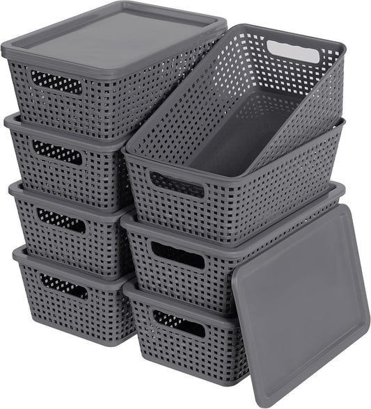 Plastic Storage Baskets With Lid, Storage Bins for Organizing, Stackable Decorative Containers for Shelves Drawers Desktop Closet Playroom Classroom Office, 8 Pack-Grey