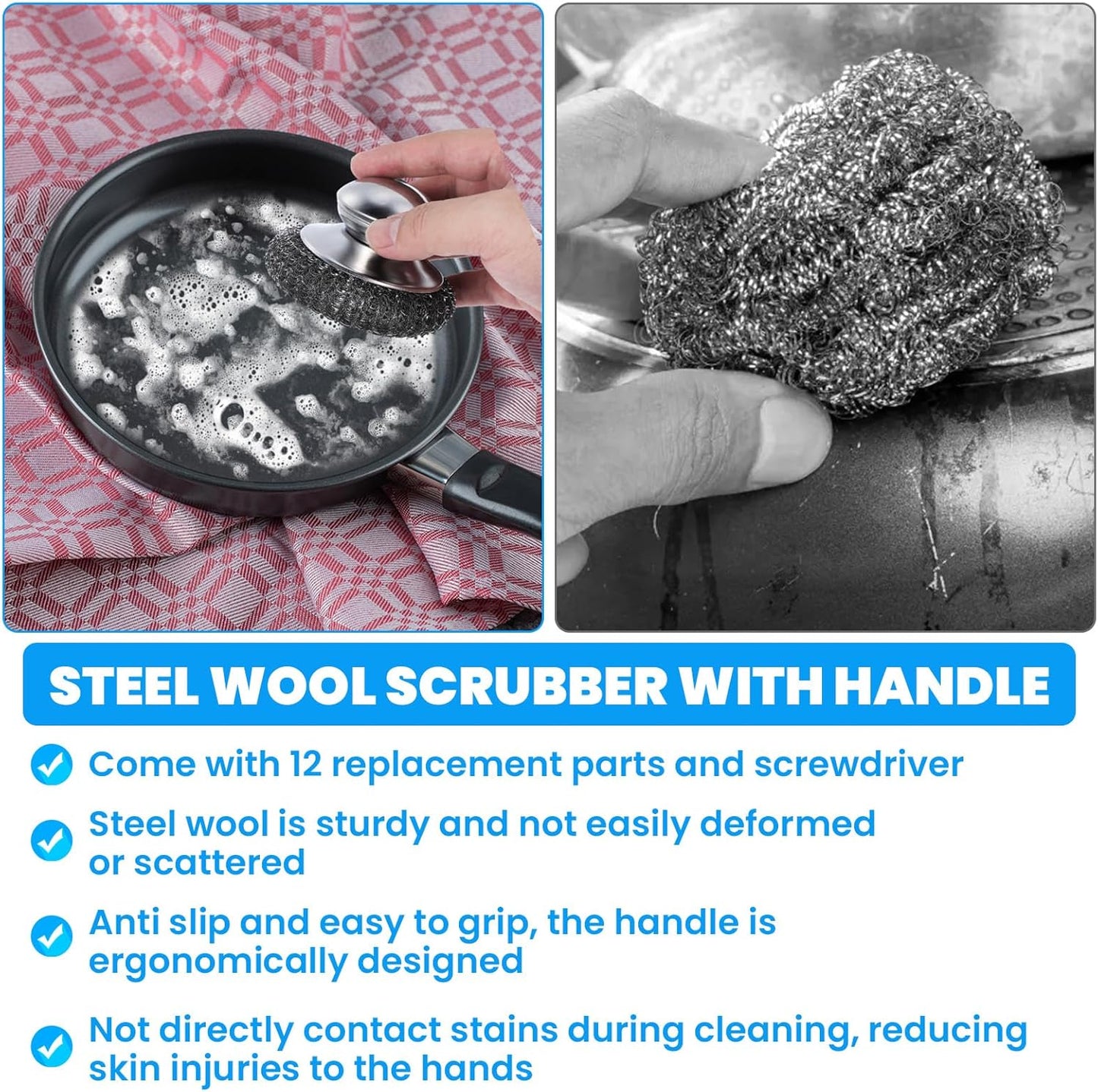 4 Pcs Steel Wool Scrubber with Handle Heavy Duty Metal Pot Scrubber Brush 16 Pcs Stainless Wool for Cleaning Dishes Pans Steel Scouring Pad for Kitchen Cast Iron Sink Griddles Grills