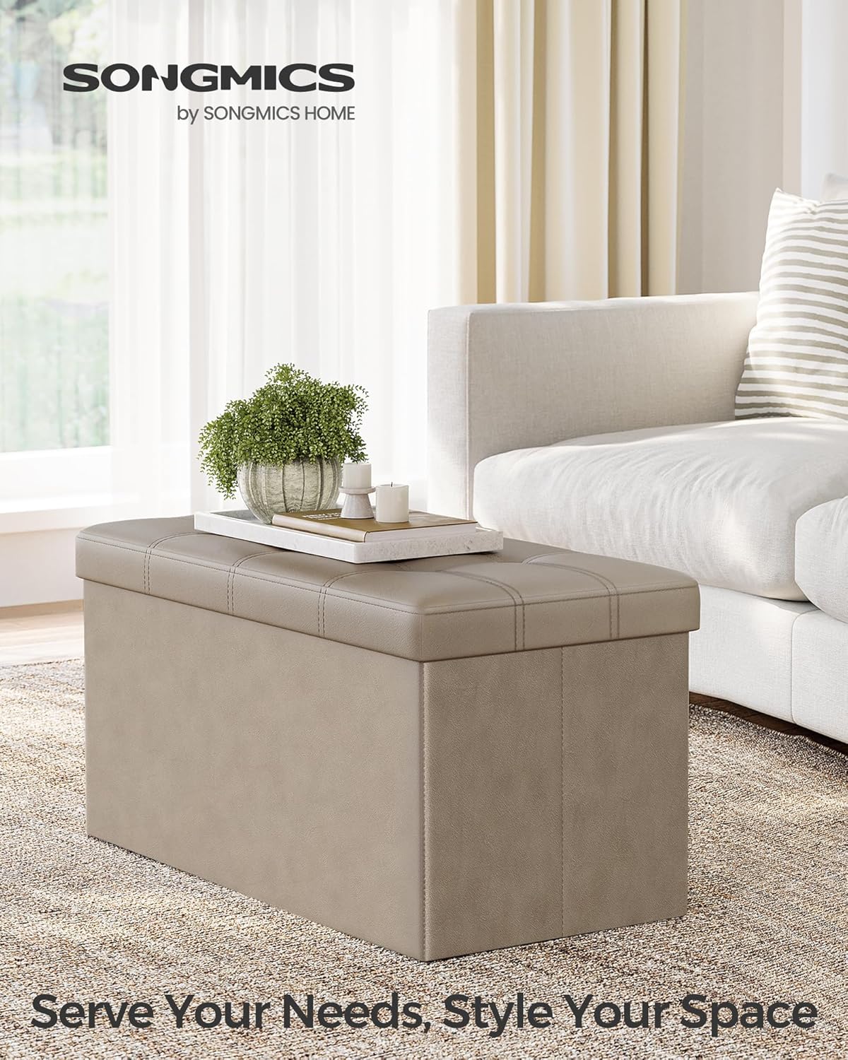 SONGMICS Mazie Collection - 30 Inches Folding Storage Ottoman Bench, Ottoman with Storage, Foot Rest Stool, Load 660 lb, for Living Room, Synthetic Leather, Camel Brown ULSF040R01