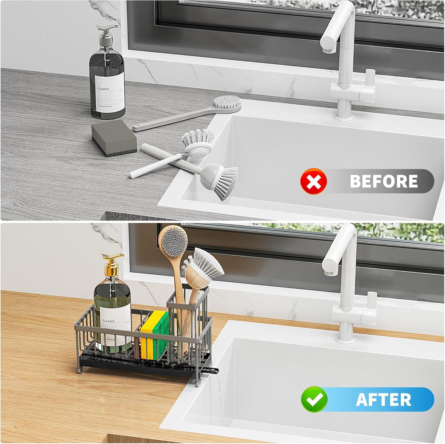 Cisily Charcoal Gray Sponge Holder for Kitchen Sink, Sink Caddy Organizer with High Brush Holder, Kitchen Countertop Organizers and Storage Essentials, Rustproof 304 Stainless Steel