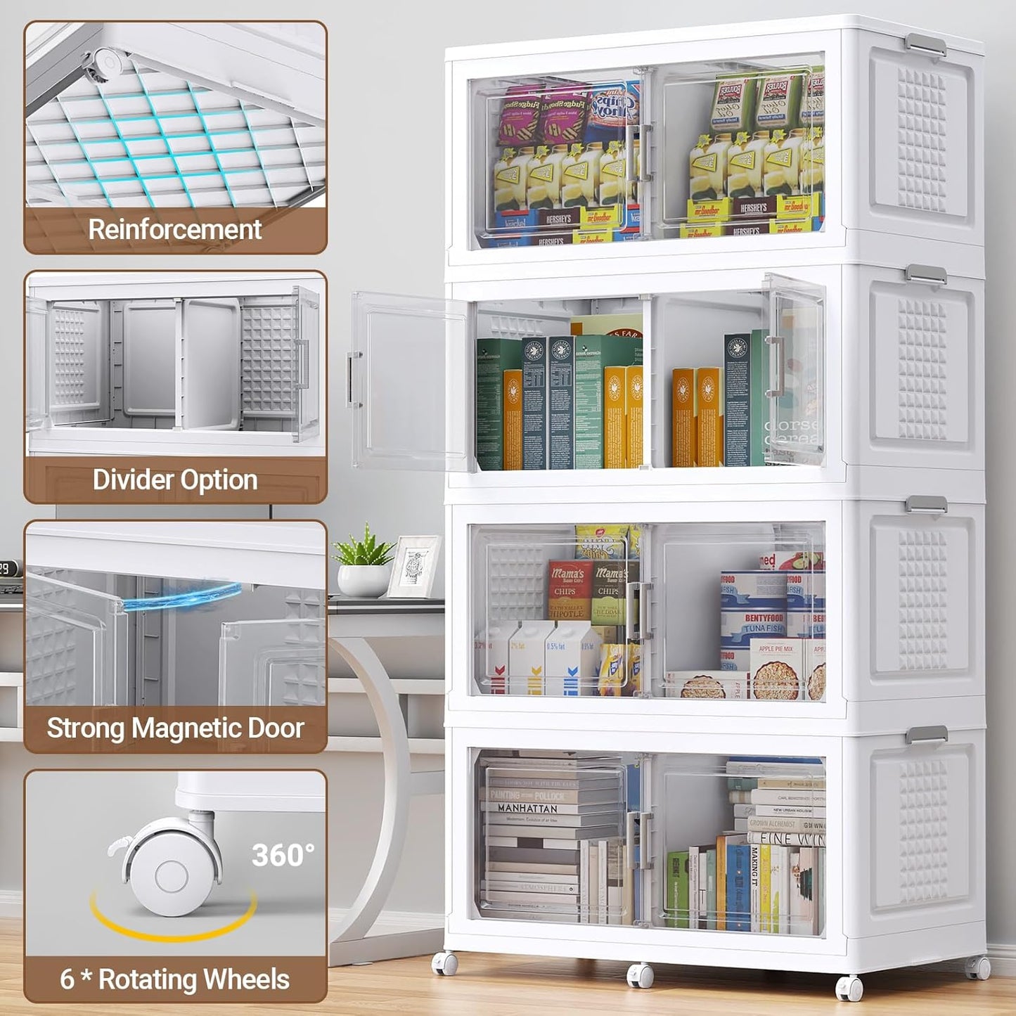 BROVIEW 52.7"H 150Gal Plastic Storage Bins with Lid & Wheels,3Pack Extra Large Stackable Storage Bins with Dividers,Closet Organizers and Storage Cabinet Collapsible Box Shelves for Home Kitchen,White