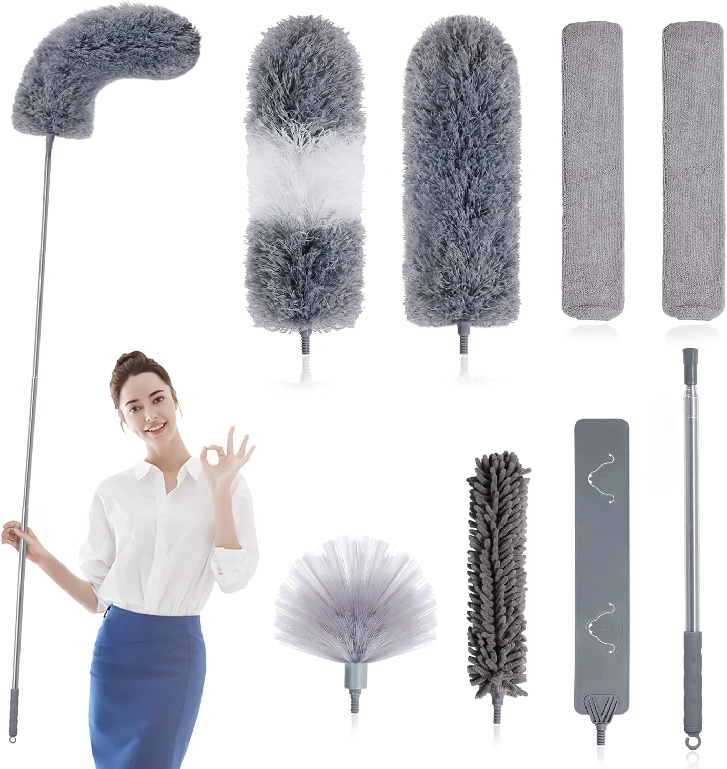 BOOMJOY Microfiber Feather Duster 7PCS, Bendable Dusters with 100 inches Extension Pole for Cleaning High Ceiling, Fan, Blinds, Cobweb, Furniture, Cars