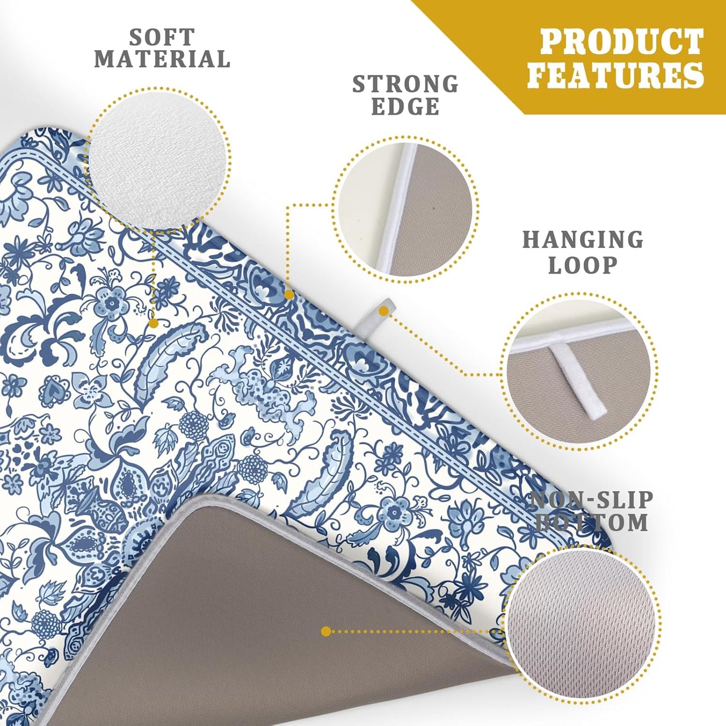 Chinoiserie Floral Dish Drying Mat for Kitchen Counter Blue and White Flowers Pattern Dish Drying Pad 16”x18”Absorbent Reversible Seasonal Decor Dishes Drainer Pad Dish Dry Rack Mat for Counter top