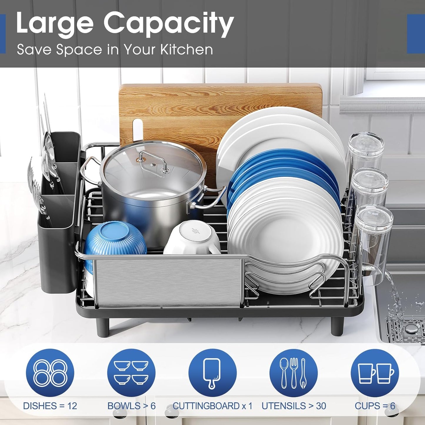 Stainless Steel Dish Drying Rack - Large Capcity 304 Grade Dish Drainer for Kitchen Counter with Drain Board, Utensil Holder & Detachable Cup Shelf, Rustproof Multifunctional Organizer