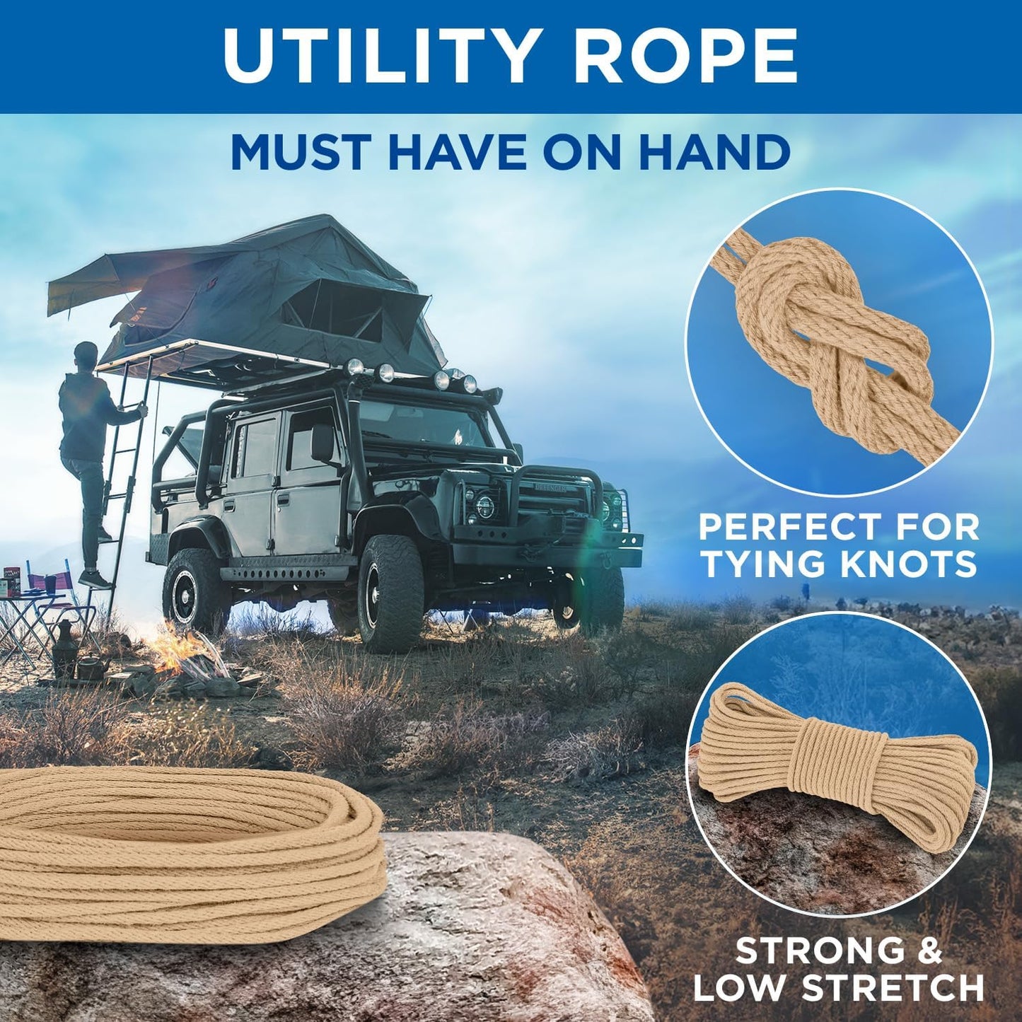 TECEUM Cotton Rope 3/16” (5 mm) – 50 FT – Strong All-Purpose Braided Rope – Natural Cotton – for Crafting, Сamping, Clothes Line, DIY, Indoor & Outdoor Use – Beige