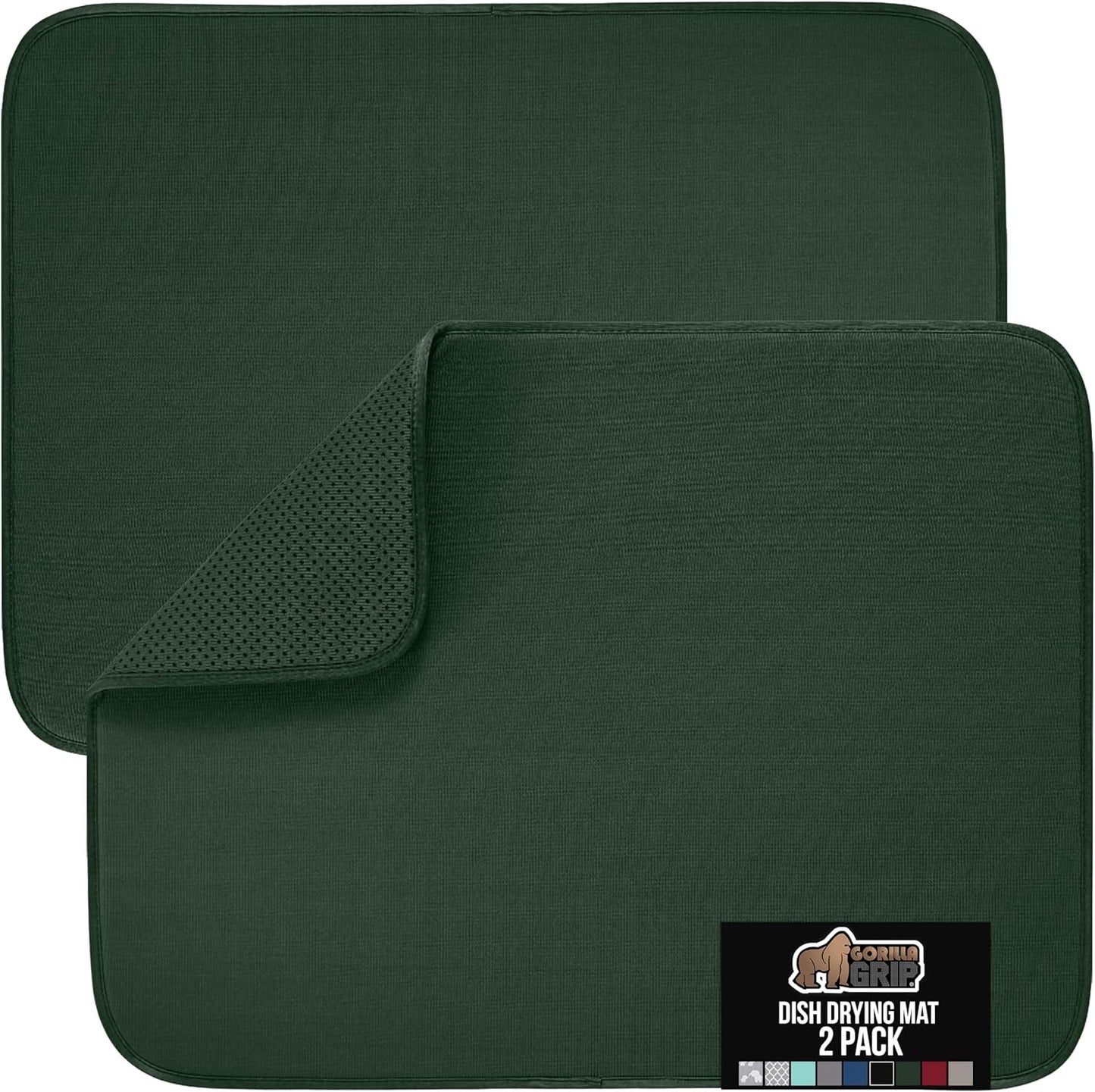 GORILLA GRIP Ultra Water Absorbent Microfiber Dish Drying Mat, 18x24, Quick Dry Thick Mesh, Slip Resistant Pad for Sink Dishes Under Rack, Kitchen Counter Accessories, Machine Wash, 2 PK Hunter Green