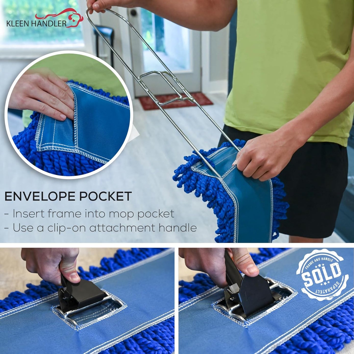 KLEEN HANDLER 3 Pack of 36 Inch Microfiber Dust Mop, Large Washable Commercial Mop Head Replacement, Sweeper, Janitorial Supplies, Blue