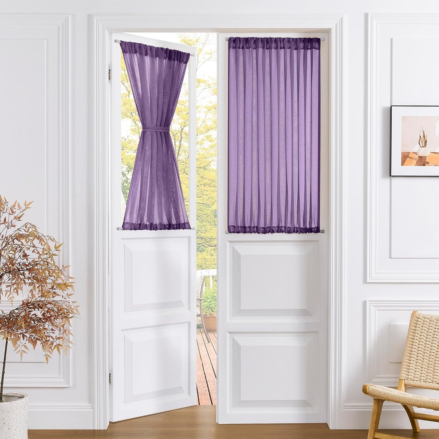 Tollpiz Small Sheer Door Curtain Closet Linen Textured Curtain Sheers Doorway Light Filtering Voile French Door Rod Pocket Curtains Patio Glass Door, 25 x 40 inches Long, Royal Purple, Set of 1 Panel