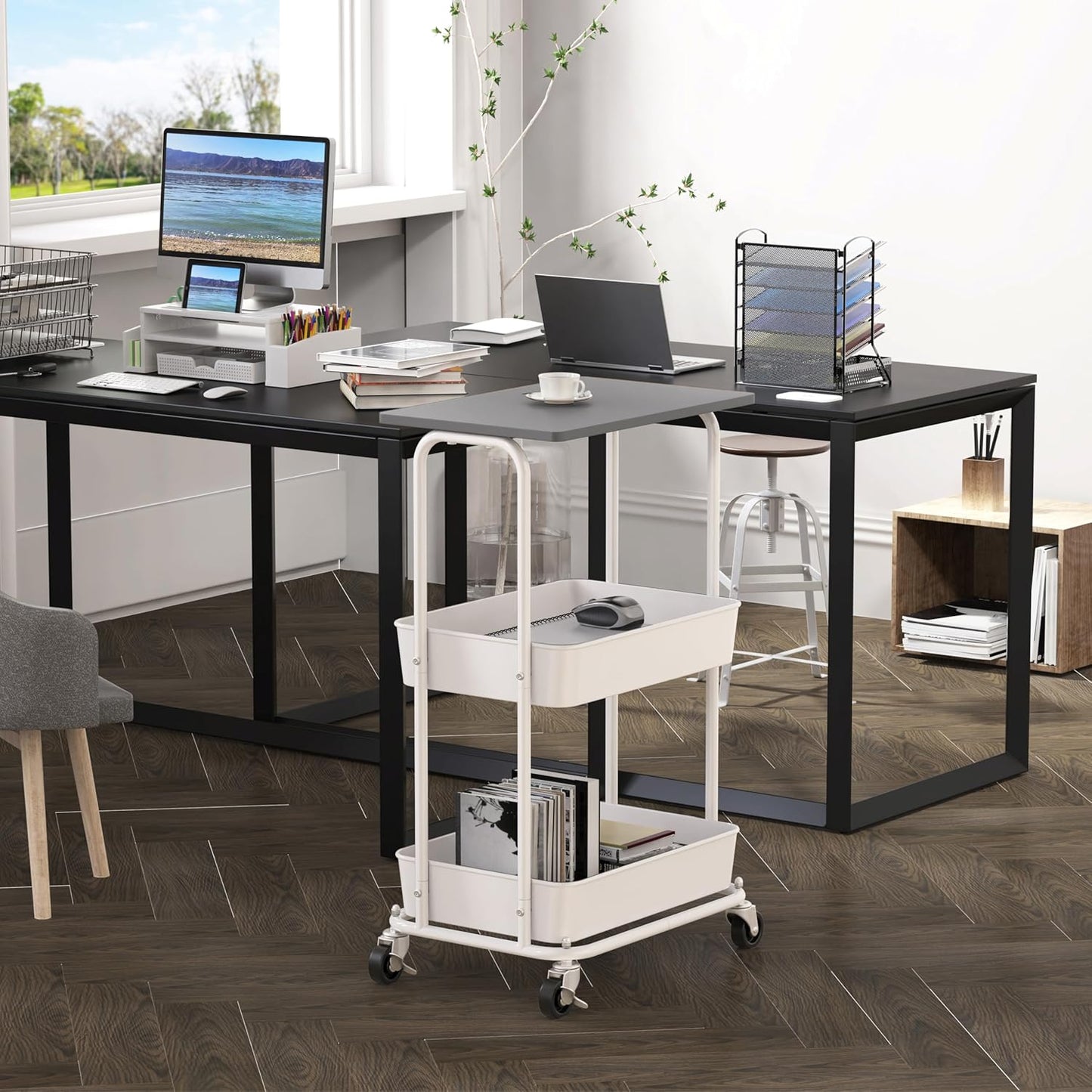 Simple Houseware 2-Tier Rolling Utility Cart with Lockable Wheels and Wood Top, Metal Storage Organizer Trolley for Kitchen, Bathroom, Office, Craft Room, Grey