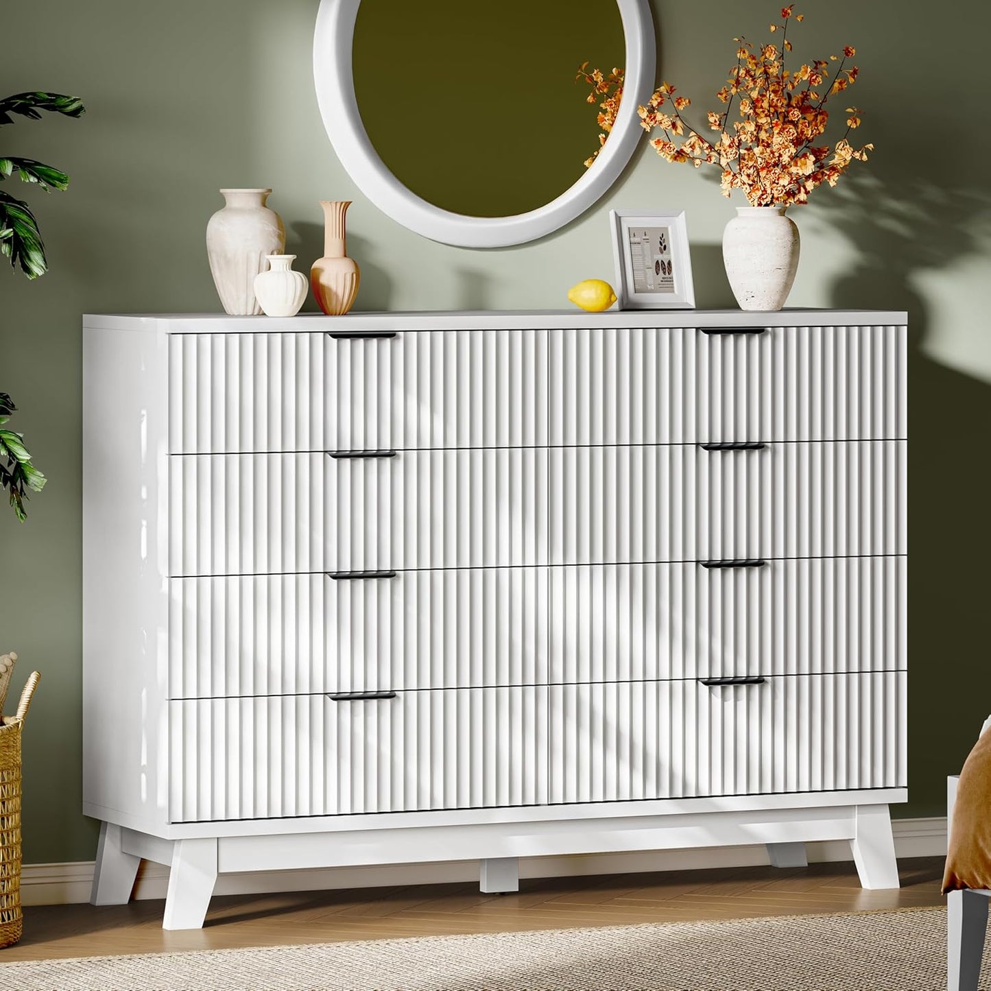 Fluted Dresser with 8 Drawers, 54" Wide Modern Chest of Drawers with Metal Handle, Wooden Dresser TV Stand, Wood Closet Clothes Storage Organizer for Bedroom, Living Room, Hallway, Solid White