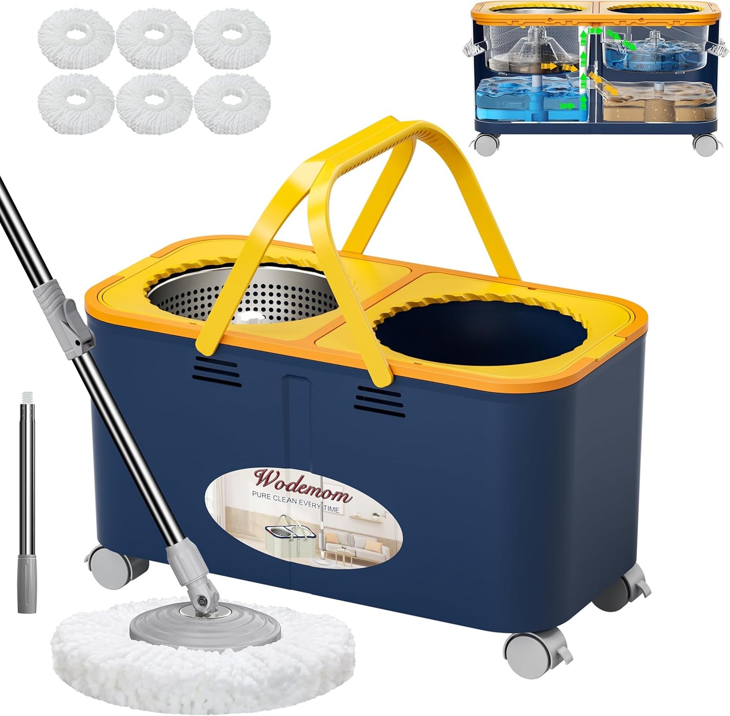 2025 Upgraded Spin Mop and Bucket with Clean & Dirty Water Separation, 360° Swivel Wheels, Hands-Free Wringer, 6 Microfiber Mop Heads for Home Floor Cleaning – Blue/Yellow