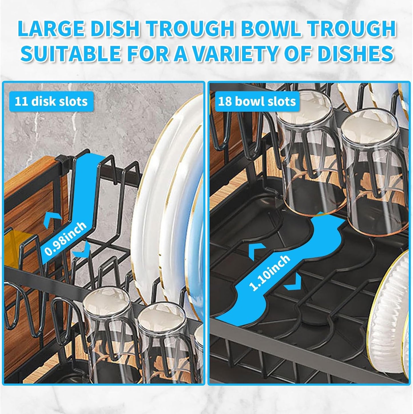 Dishes Drying Rack, 2-Tier Tableware Drying Rack with Draining Board, Space-Saving Design, Suitable for Kitchen Countertop Tableware and Cup Rack