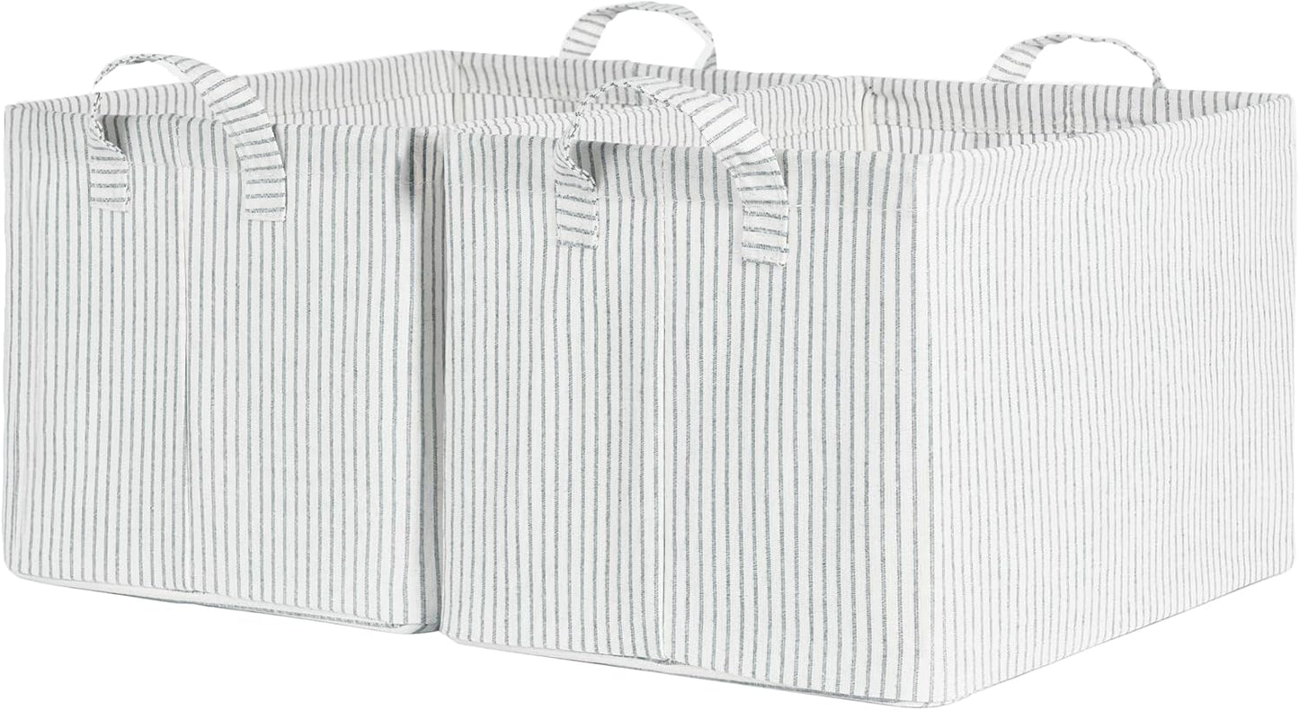 StorageWorks Storage Bins, Fabric Storage Bins for Shelves, Large Storage Baskets with Metal Frame, Closet Baskets and Bins with Handles, Khaki and Beige Stripes, 2-Pack