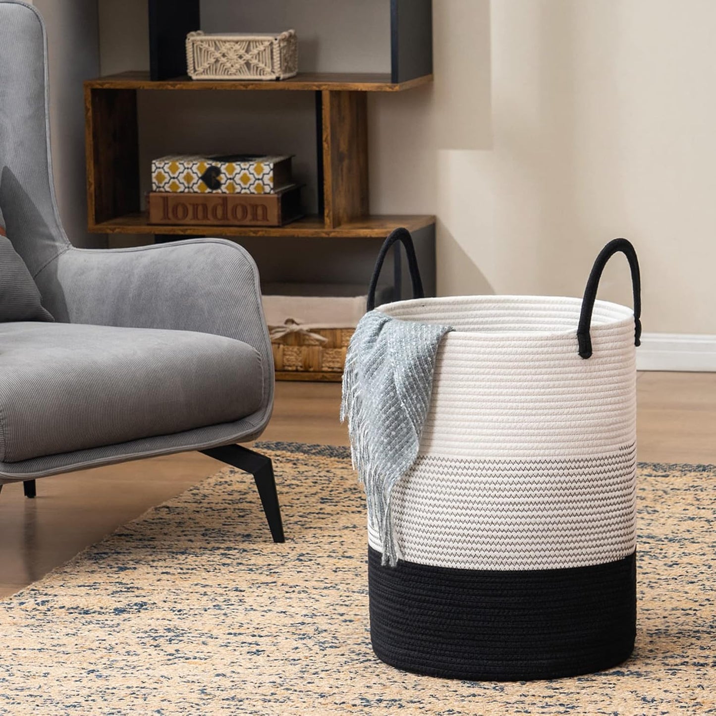 YOUDENOVA Woven Rope Laundry Hamper Basket, 72L Tall Laundry Basket, Baby Nursery Hamper for Blanket Storage in Bedroom-Large-Dark White