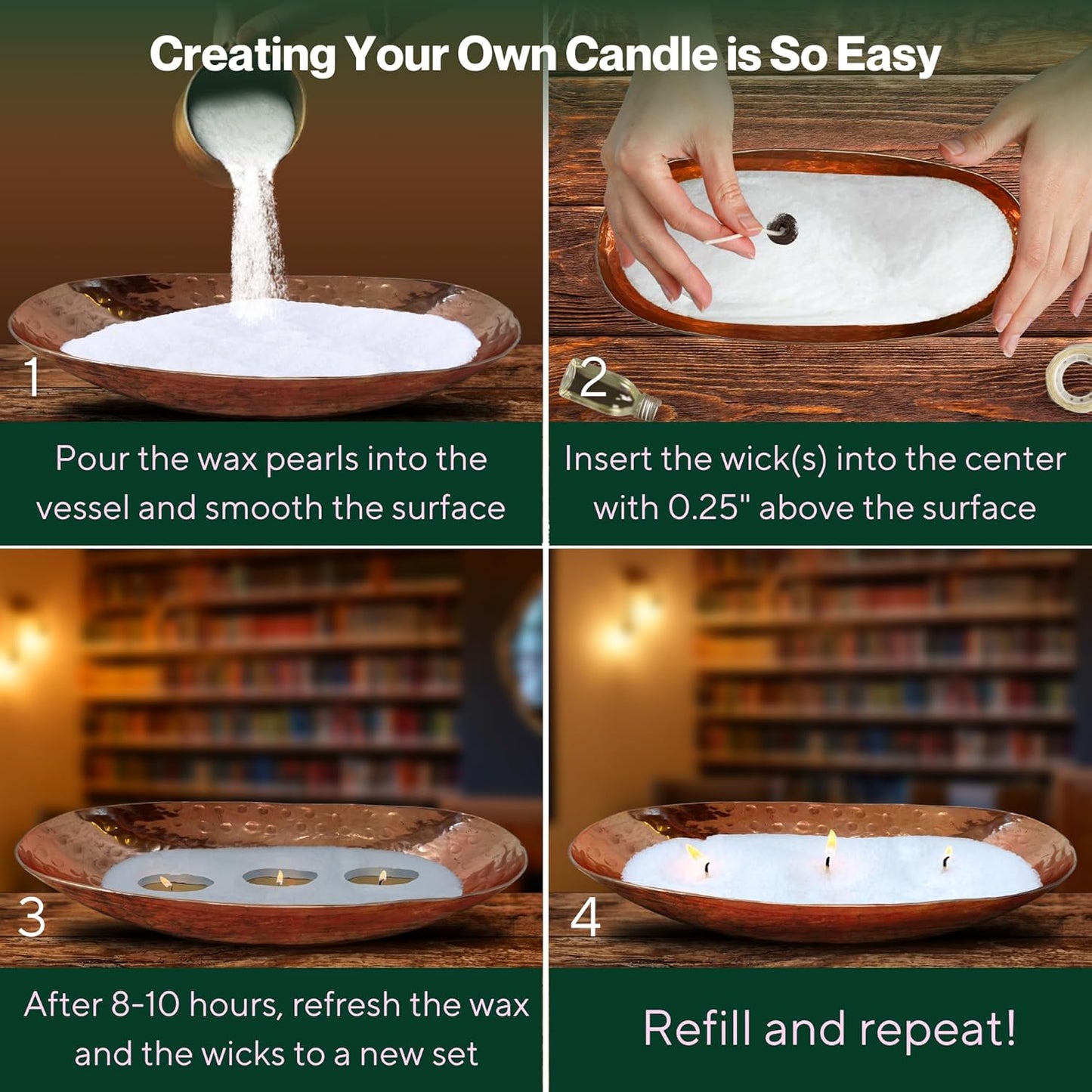 LILY LADUE Candle Refill Kit - 2Lb/32Oz Pearled Candles Sand and Wicks (48) and Hammered Copper Holder, Reusable Unique Sand Candles with Wicks for Candle Making, Bulk Unscented Pearl Wax Beads