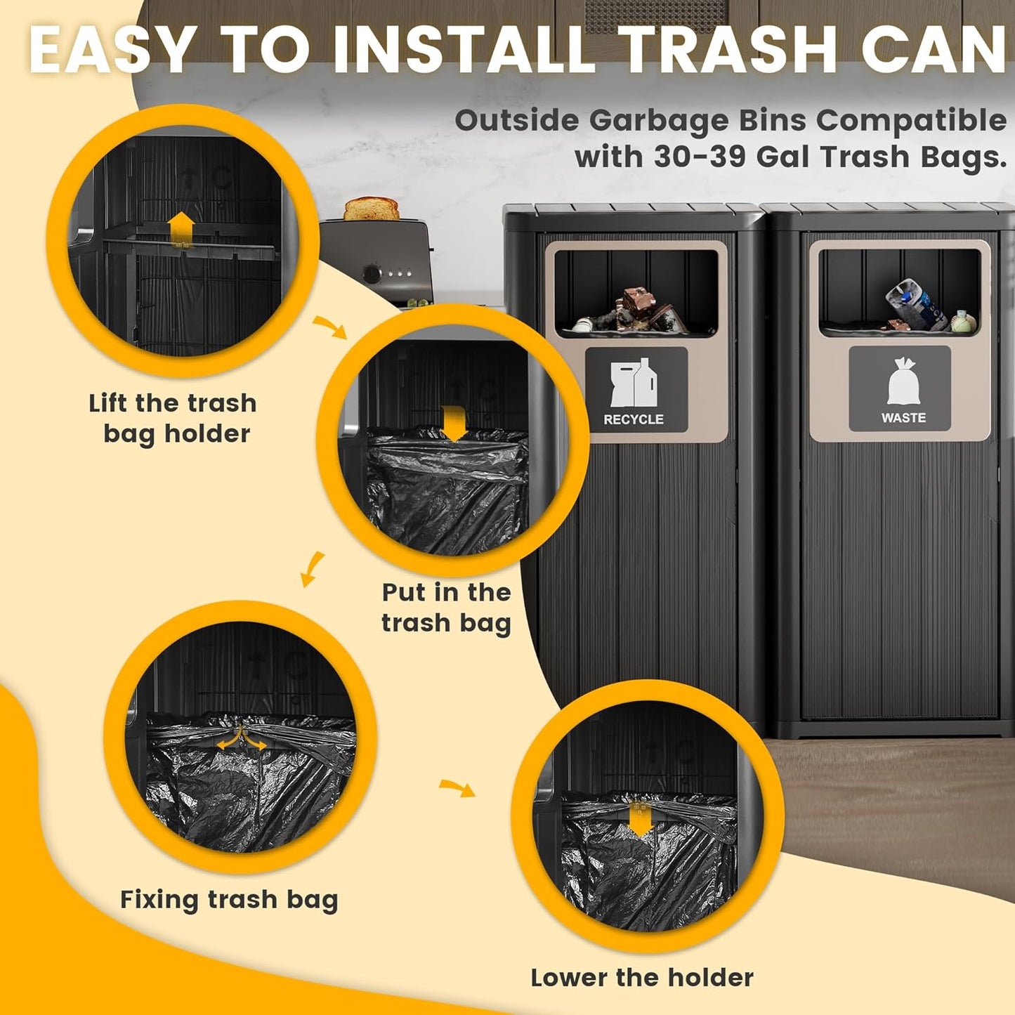 2pcs Outdoor Trash Can Waterproof Resin Garbage Can with Garbage Labels Outdoor Trash Bin for Patio, Garden,Kitchen, Black