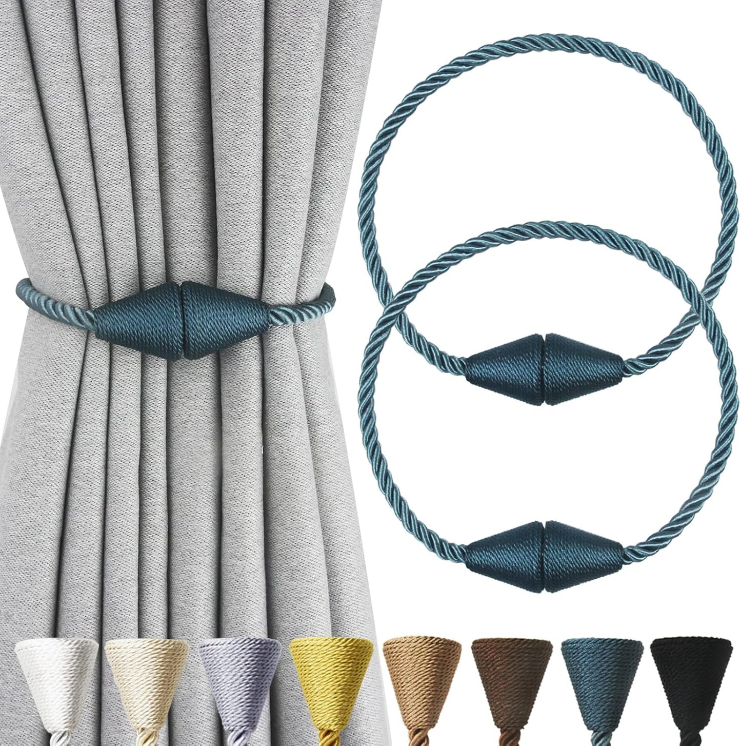 2 Pack Magnetic Curtain Tiebacks Rope Modern Handmade Curtain Tie Backs Decorative Drapes Weave Holdbacks for Window Décor, Blue