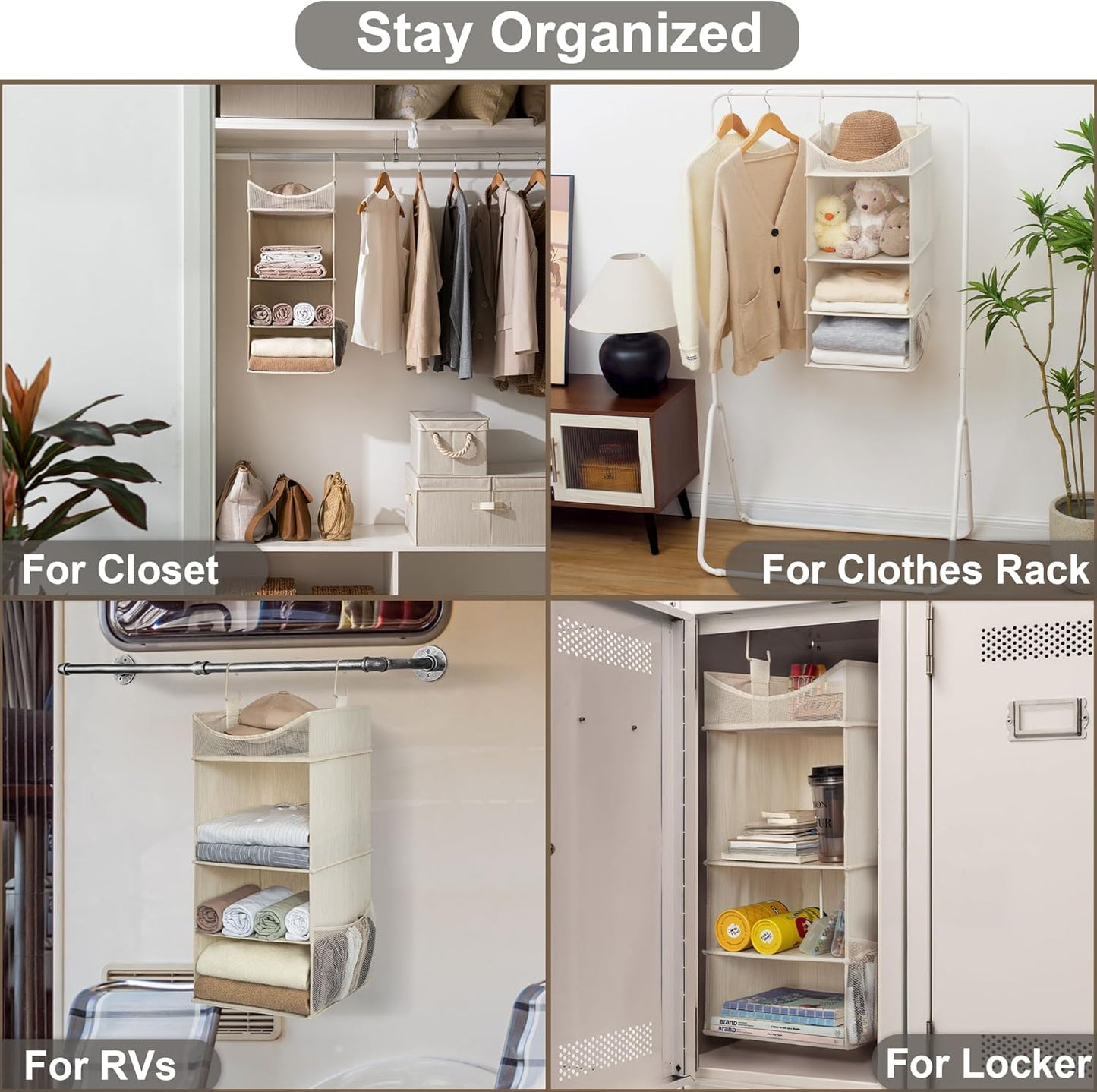 StorageWorks 3-Shelf Hanging Closet Organizer, Adjustable Hanging Closet Organizers and Storage, 12 ¾”W x 12 ¾”D x 32”H, White & Ivory