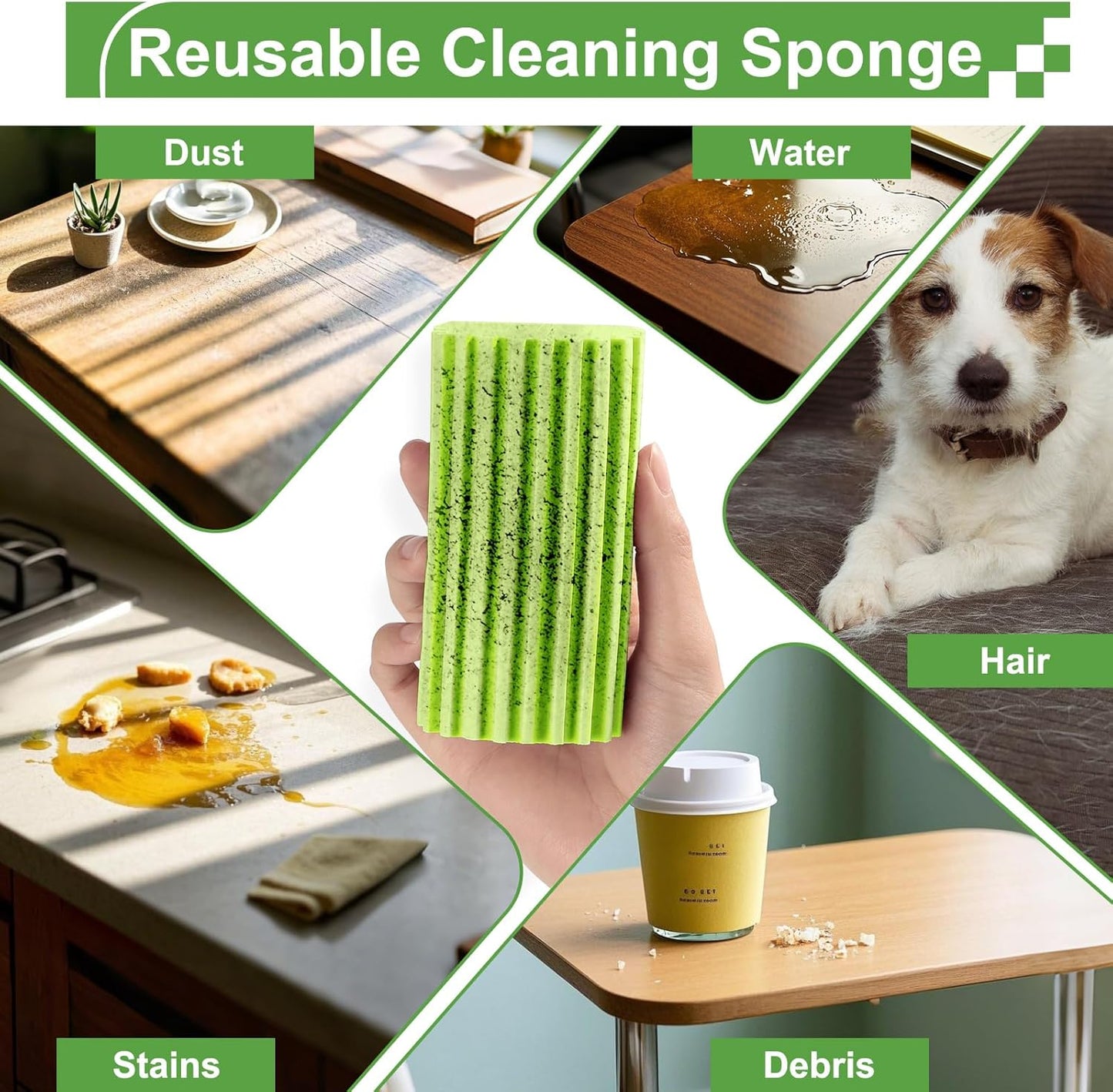 4-Pack Damp Clean Duster Sponge, Sponge Cleaning Brush, Duster for Cleaning Blinds, Glass, Baseboards, Vents, Railings, Mirrors, Window Track Grooves and Faucets Green Non-Scratch Sponges