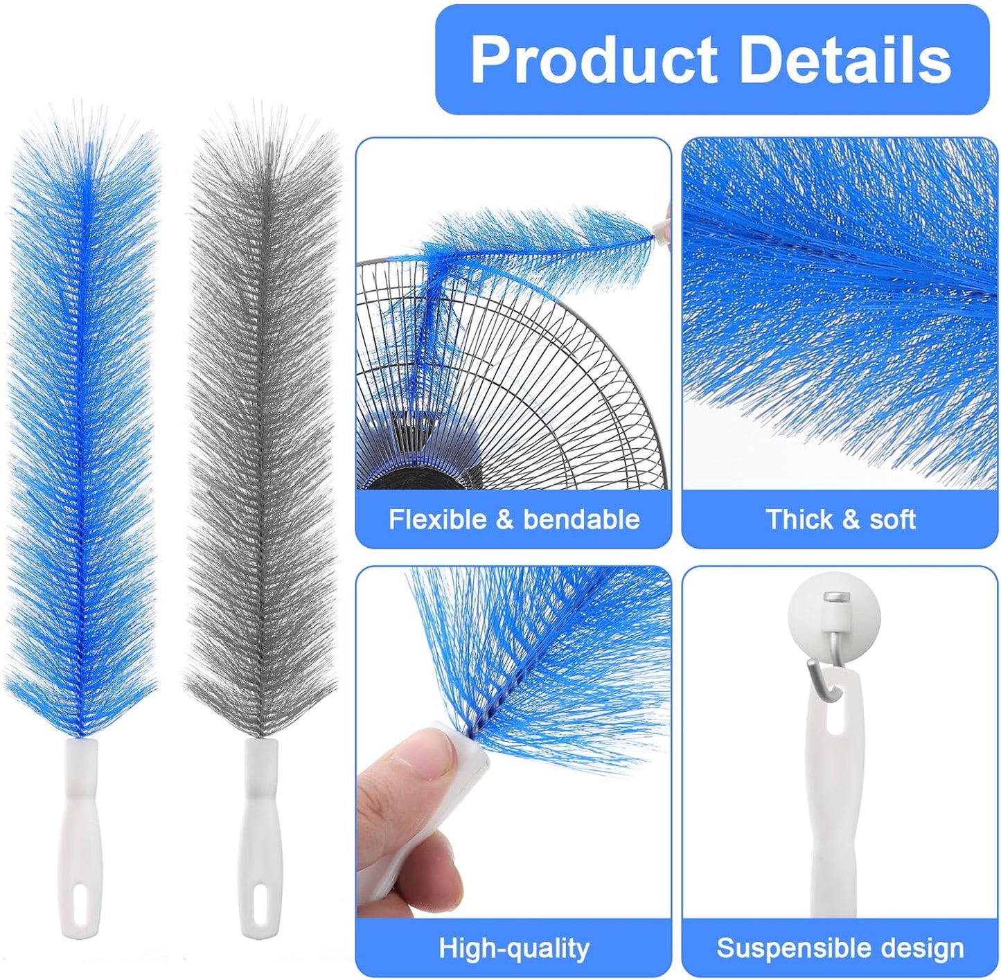2 Pcs Cobweb Duster, Fan Cleaner Brushes Bendable Fans Cleaning Brush Set Microfiber Head Washable Brush for Air Conditioning Shutters Ceiling Air Vents Curtains Cars Box