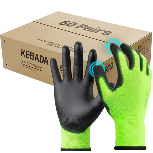 Kebada W1 Work Gloves for Men and Women, Touchscreen PU Coated Gloves with Grip, 50 Pairs Bulk Pack, Ideal for Warehouse Package Handling, Construction, Gardening, Green Medium