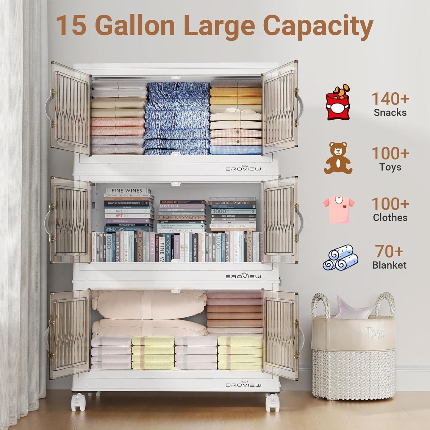 BROVIEW 240Qt Stackable Storage Bins with Lid, Extra Large Closet Organizer Collapsible Drawer Boxes with Wheels, Folding Plastic Cabinet Containers for Home Kitchen Room Organization, 4Pack White