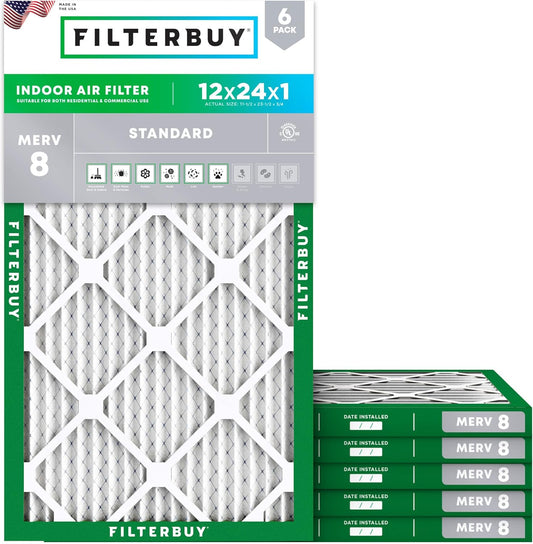Filterbuy 12x24x1 Air Filter MERV 8 (MPR 700) Dust Defense Replacement (6-Pack), Electrostatic Pleated HVAC AC Furnace Filters, Made in USA (Actual Size: 11.50 x 23.50 x 0.75)
